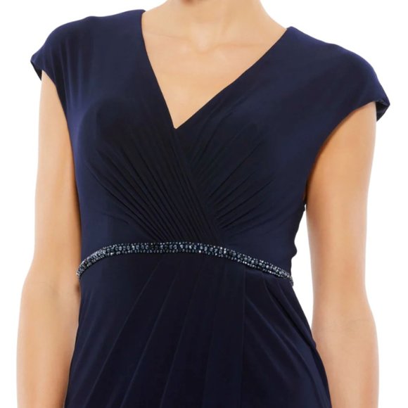 MAC DUGGAL 67850 FAUX WRAP V-NECK CAP SLEEVE JERSEY STRETCH NAVY GOWN sz 22 - Picture 3 of 7